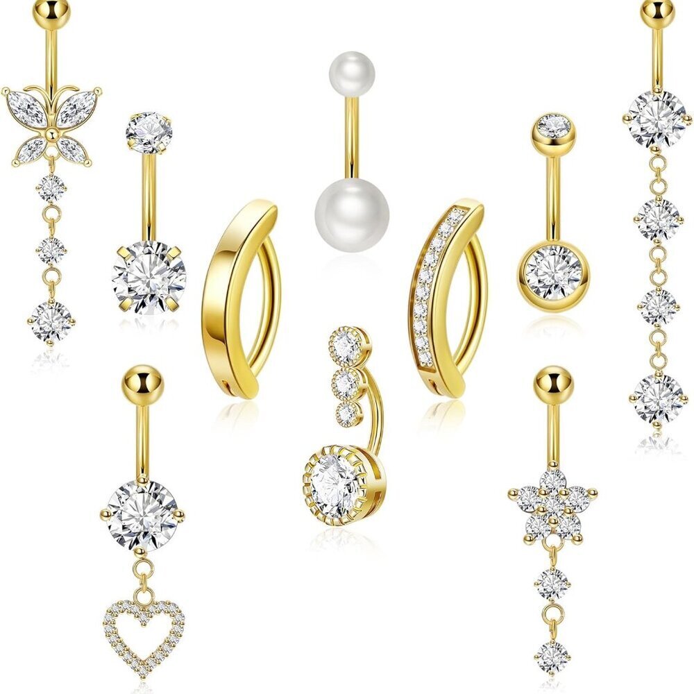 10pcs Gold Plated Belly Button Rings Hypoallergenic Cz Dangle Navel Jewelry
